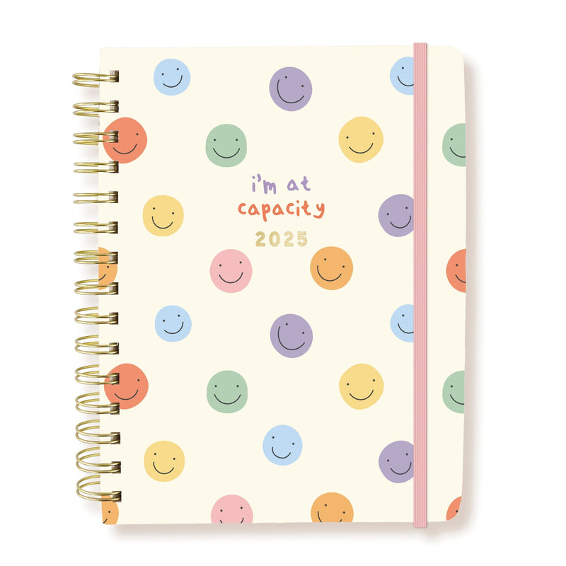 Graphique 6 x 8 hardbound spiral planner with playful cover, elastic band, laminated tabs, and gold foil stickers.

