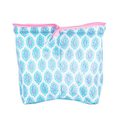 SCOUT Big Mouth makeup bag in Melondramatic print, wide wire-frame opening, three interior pockets, structured, upright, zip closure.