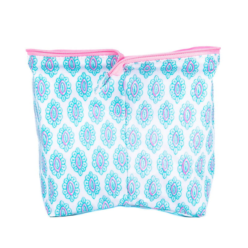 SCOUT Big Mouth makeup bag in Melondramatic print, wide wire-frame opening, three interior pockets, structured, upright, zip closure.