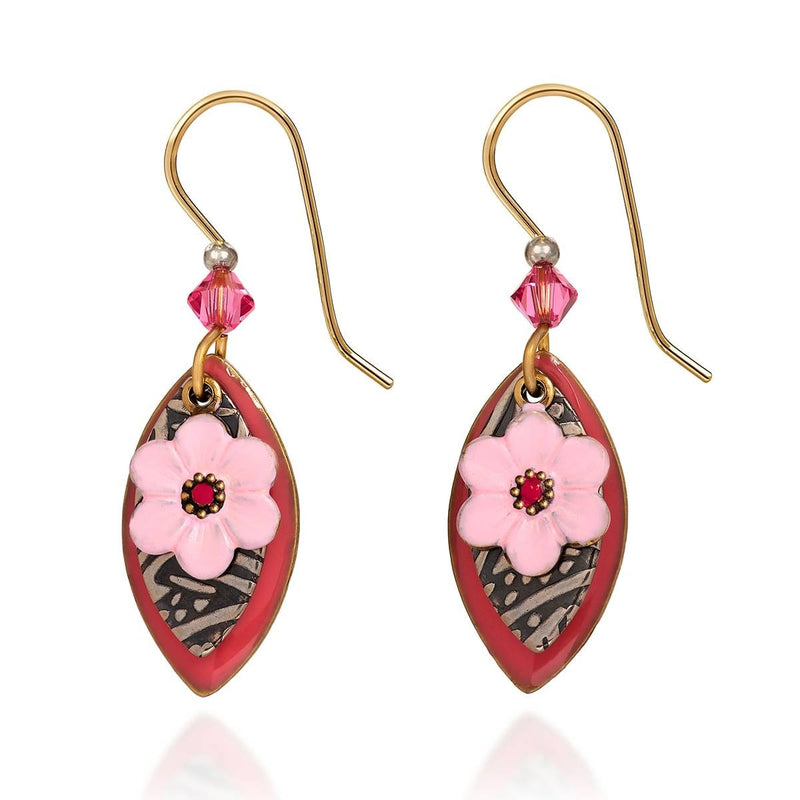 Silver Forest gold-tone layered football shape drop earrings with pink flower detail and crystal accent, handcrafted with 
