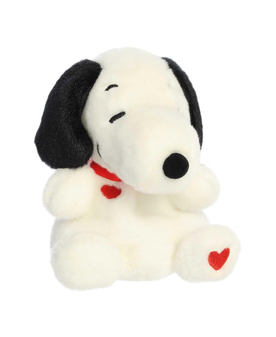 Snoopy Hearts Palm Pals plush with red heart details on collar and paw—soft collectible beagle from the Peanuts collection.