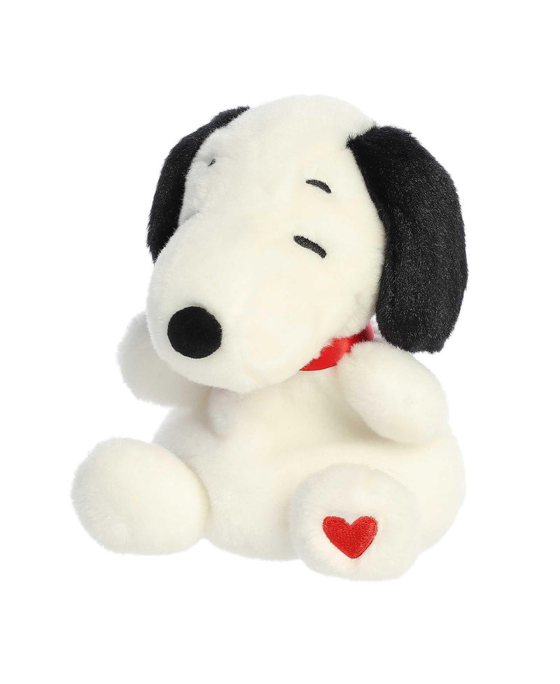 Snoopy Hearts Palm Pals plush with red heart details on collar and paw—soft collectible beagle from the Peanuts collection.