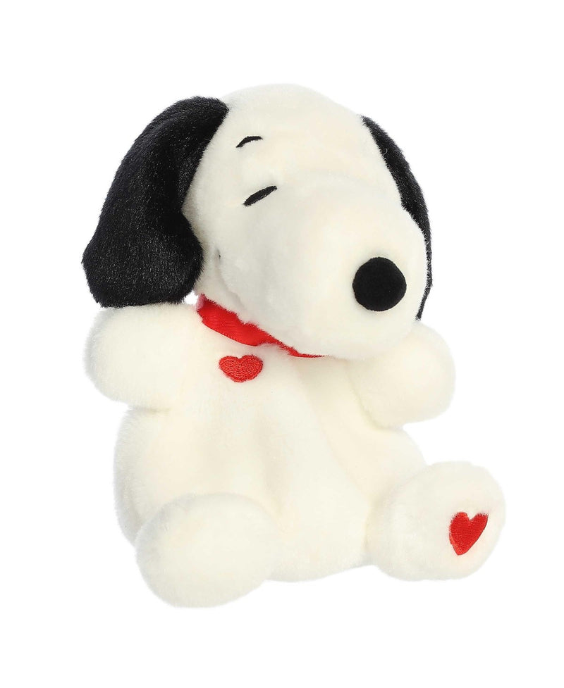 Snoopy Hearts Palm Pals plush with red heart details on collar and paw—soft collectible beagle from the Peanuts collection.