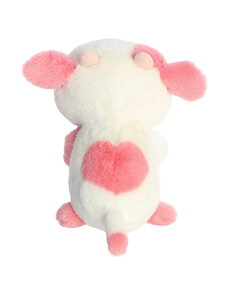Katelyn Cow plush by Aurora in white and pink, lying belly-down with sparkling eyes and a heart-shaped nose for Valentine&