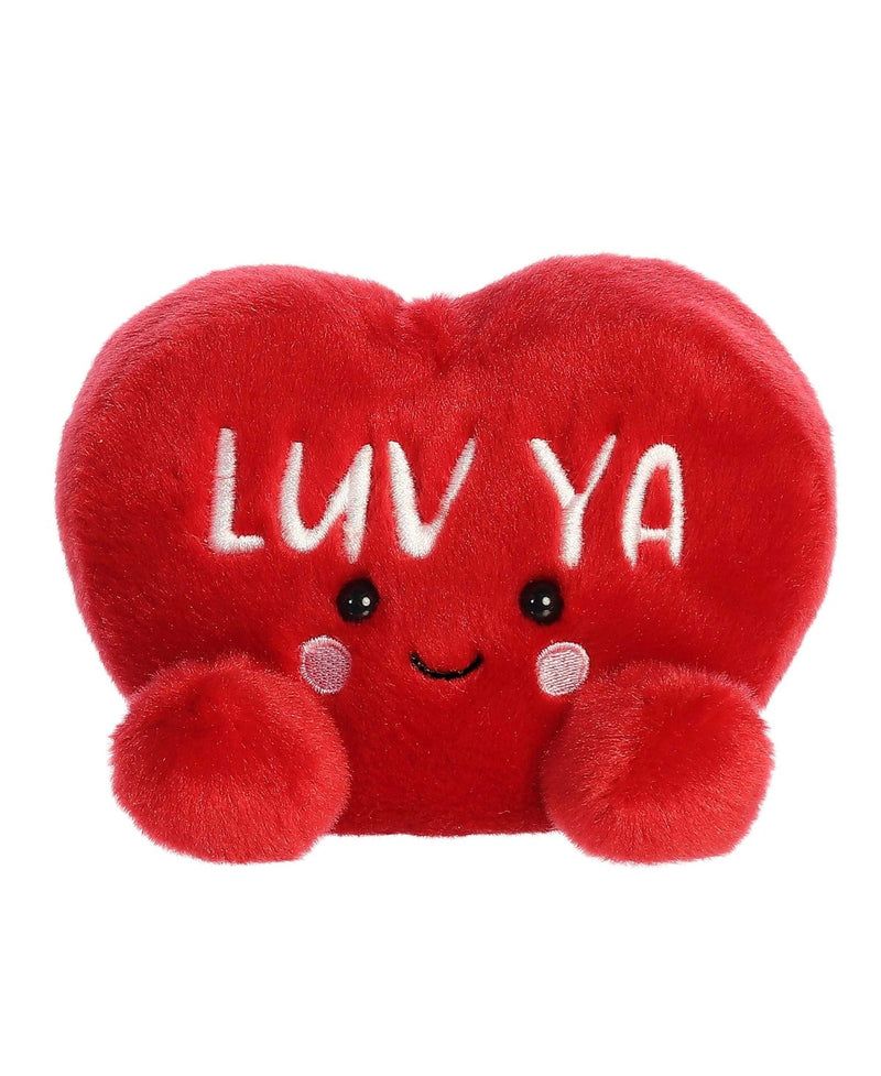 Luv Ya Candy Heart plush from Palm Pals in red with white embroidery, sparkling eyes, and rosy cheeks—perfect Valentine’s Day gift.