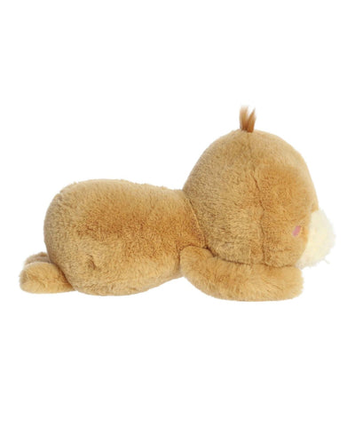 Wully Walrus plush from Aurora’s Too Cute line, lying belly-down with sandy fur, soft tusks, and a gentle smile.