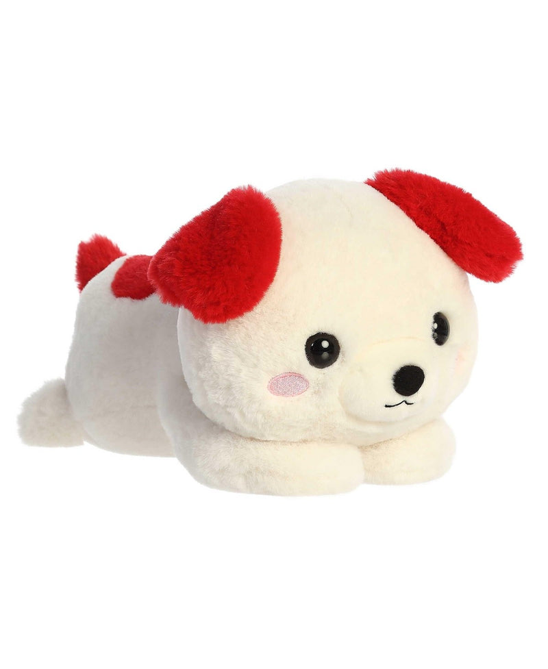 Doodle Dog plush by Aurora in creamy white with red ears and pink nose, lying belly-down, ready for Valentine cuddles.