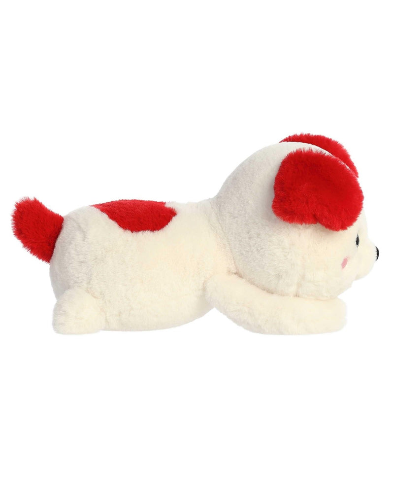 Doodle Dog plush by Aurora in creamy white with red ears and pink nose, lying belly-down, ready for Valentine cuddles.