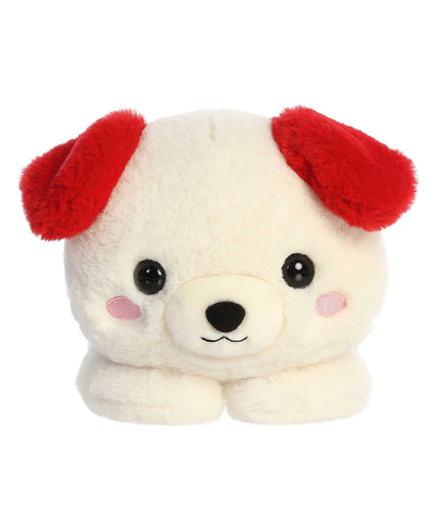 Doodle Dog plush by Aurora in creamy white with red ears and pink nose, lying belly-down, ready for Valentine cuddles.