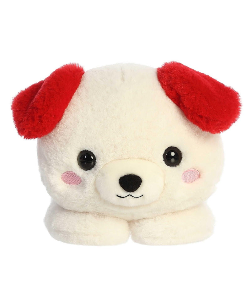 Doodle Dog plush by Aurora in creamy white with red ears and pink nose, lying belly-down, ready for Valentine cuddles.