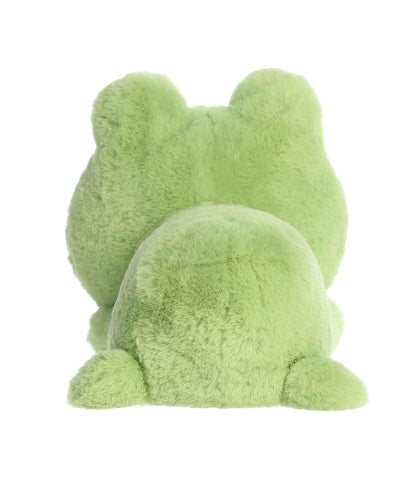Fovo Frog plush toy from Aurora’s Too Cute collection, lying belly-down with big eyes, green fabric, and blushing cheeks.