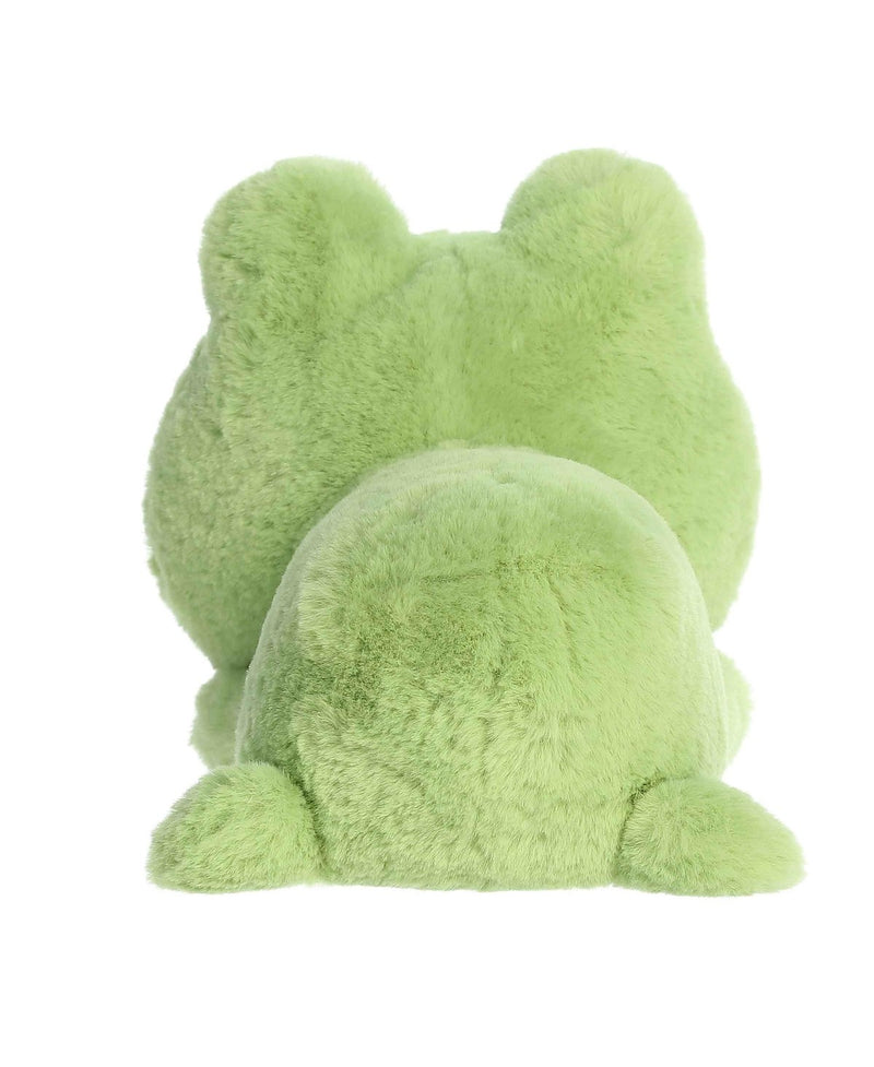 Fovo Frog plush toy from Aurora’s Too Cute collection, lying belly-down with big eyes, green fabric, and blushing cheeks.
