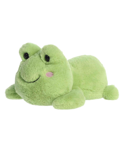 Fovo Frog plush toy from Aurora’s Too Cute collection, lying belly-down with big eyes, green fabric, and blushing cheeks.