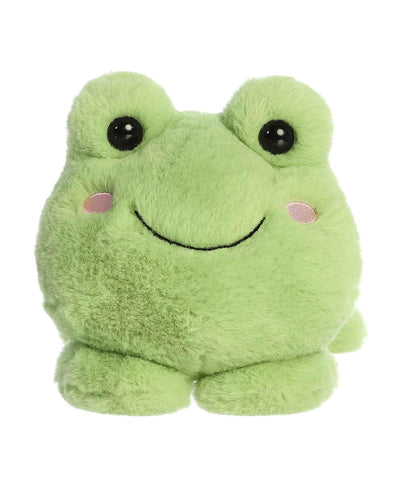 Fovo Frog plush toy from Aurora’s Too Cute collection, lying belly-down with big eyes, green fabric, and blushing cheeks.