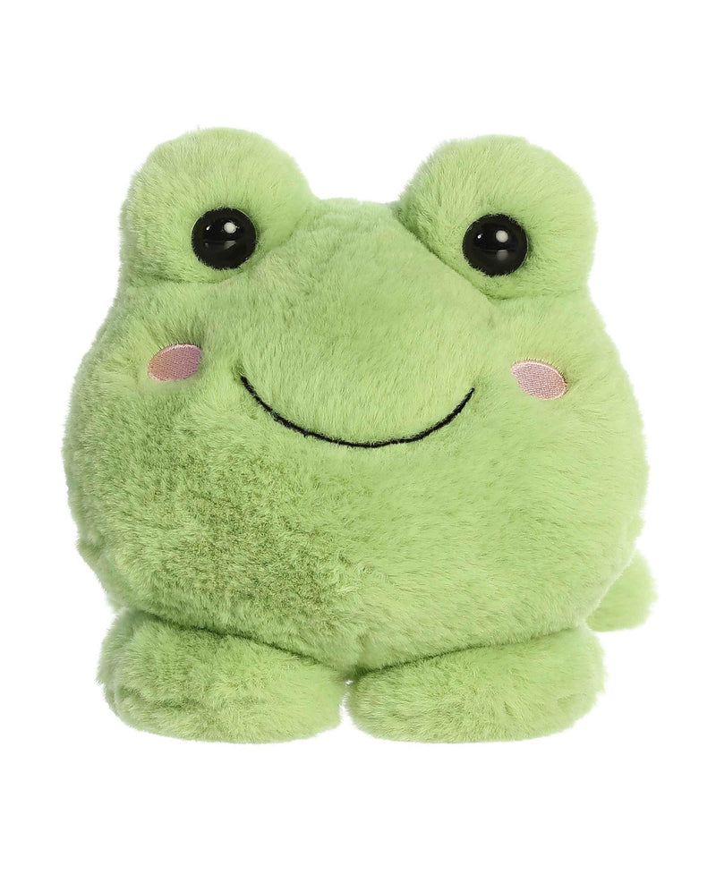 Fovo Frog plush toy from Aurora’s Too Cute collection, lying belly-down with big eyes, green fabric, and blushing cheeks.