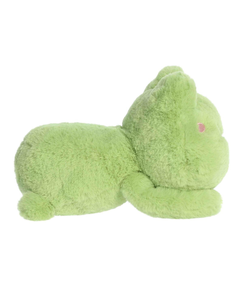 Fovo Frog plush toy from Aurora’s Too Cute collection, lying belly-down with big eyes, green fabric, and blushing cheeks.