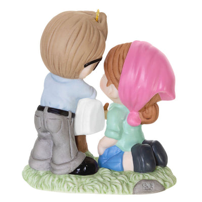 Porcelain ornament of Carl and Ellie from Disney Pixar’s Up painting a mailbox, in Precious Moments style
