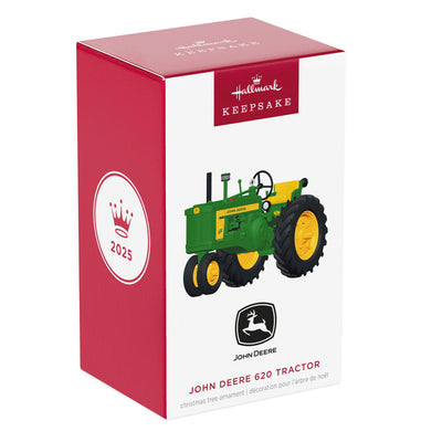 Hallmark Keepsake John Deere 620 Tractor ornament, die-cast metal in green and yellow, wheels turn, classic farm tractor design.
