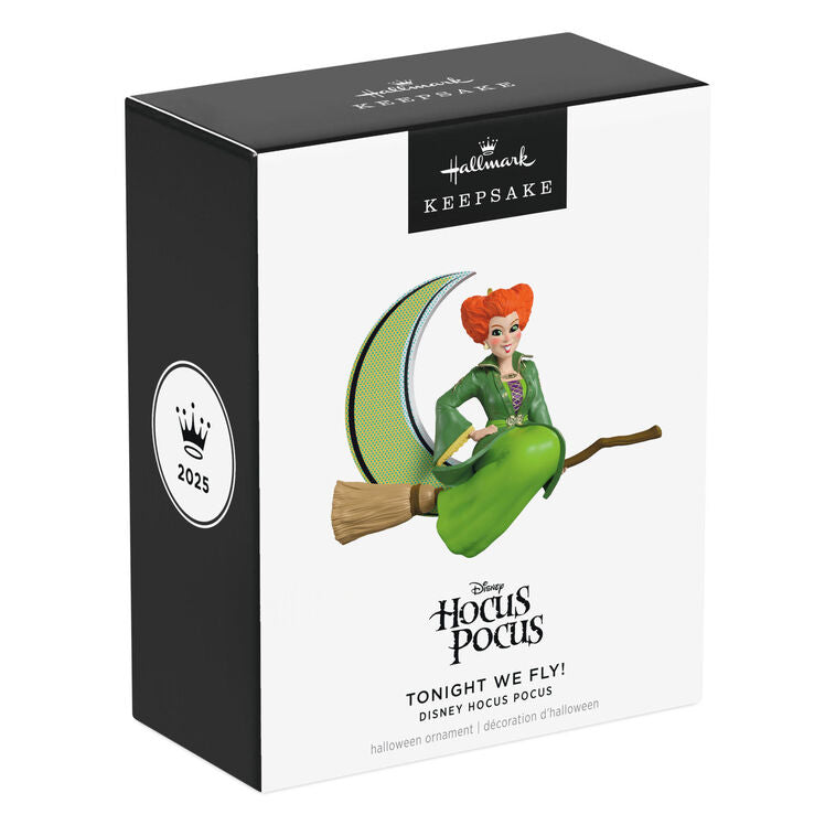 Halloween ornament of Winifred Sanderson on broomstick flying in front of crescent moon from Disney&
