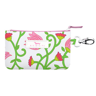 Late Bloomer IDKase card holder with key clasp, clear ID window, and slim design in water-resistant coated cotton.