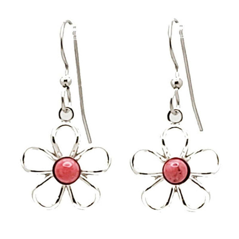 Silver Tone Open Flower with Stone Drop Earrings