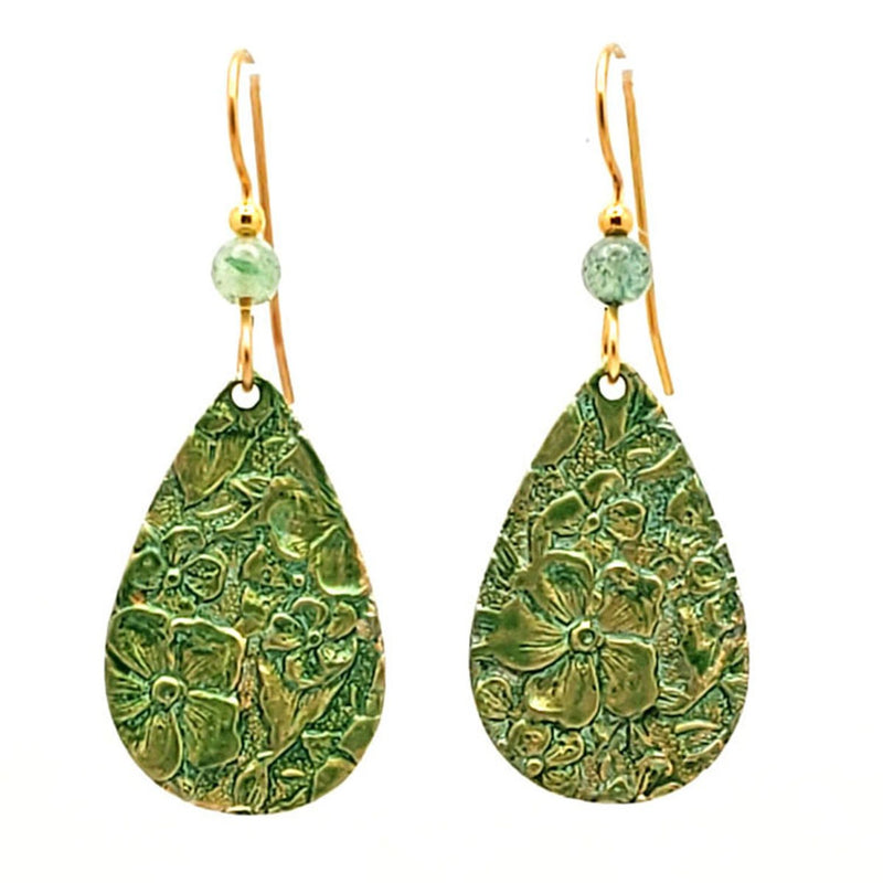 Silver Forest soft green floral texture teardrop dangle earrings with 18kt gold over surgical steel ear wires, handcrafted in the USA.

