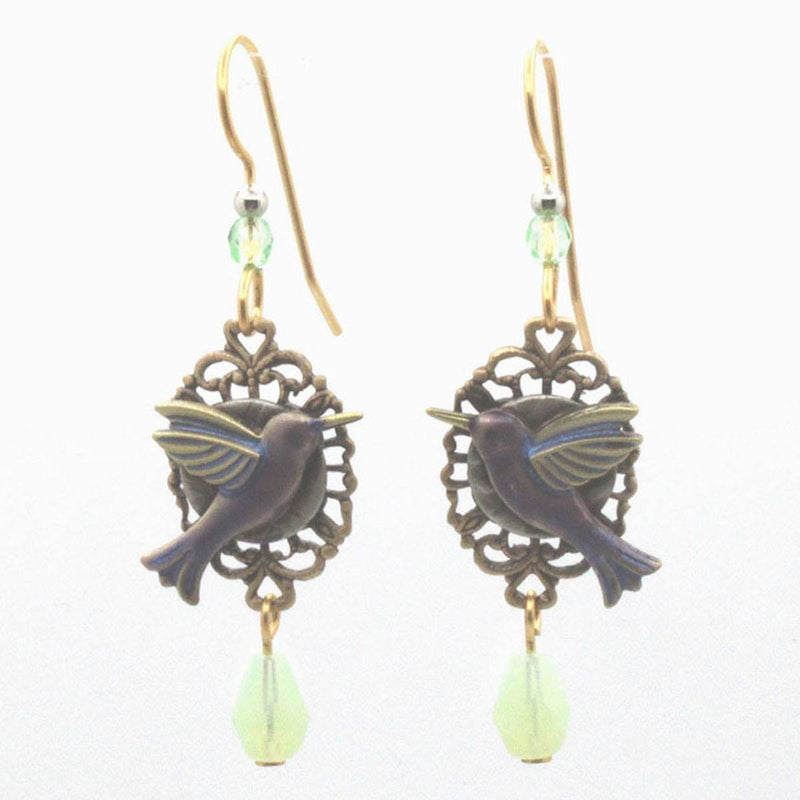 Gold-tone Silver Forest hummingbird earrings with green drop and filigree detail. Handcrafted with 18k gold over surgical s
