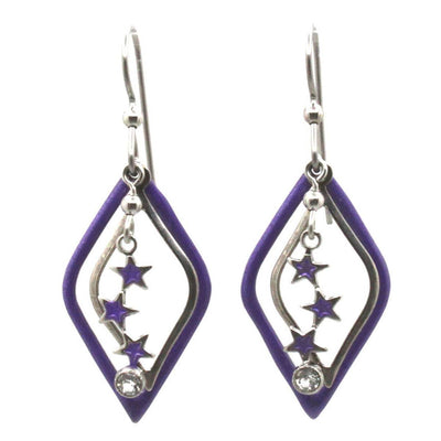 Silver and purple diamond-shaped star drop earrings with crystal accent.
