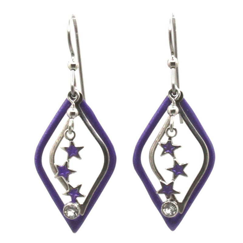 Silver and purple diamond-shaped star drop earrings with crystal accent.
