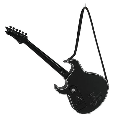 Red and black electric guitar Christmas ornament that plays “Street Fighting Man” by The Rolling Stones, battery operated

