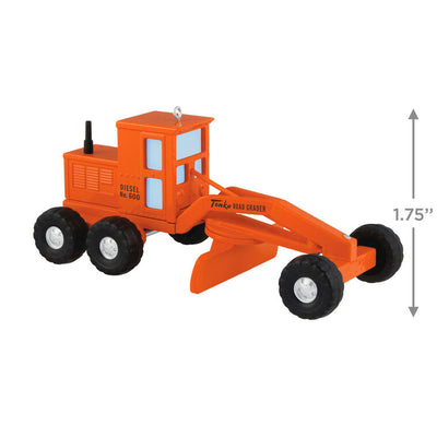 Hallmark Keepsake Hasbro Tonka Road Grader ornament, orange die-cast metal construction vehicle toy with turning wheels, vintage-style design.