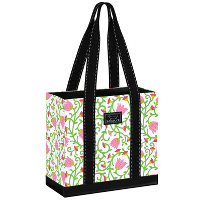 SCOUT Mini Deano tote in Late Bloomer pattern with open top, sturdy base, and long handles—ideal for books, groceries, or everyday use.