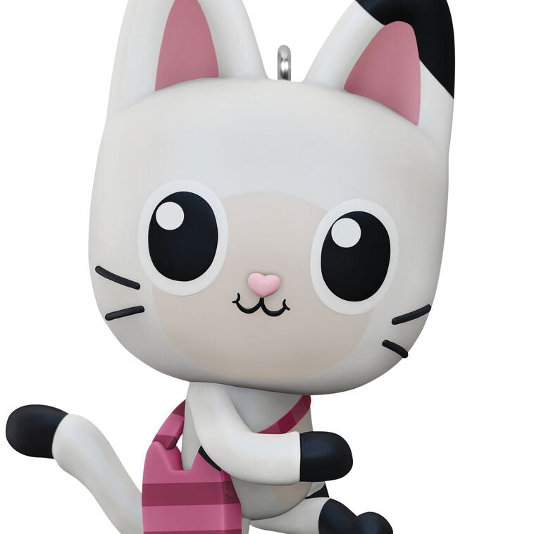 Mini Pandy Paws ornament, black and white cat-panda with striped tail and scarf, Hallmark Gabby’s Dollhouse Christmas collectible