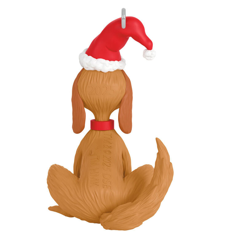 Mini Max dog ornament with Santa hat and green collar tag, Grinch’s loyal companion, Hallmark Dr. Seuss Christmas collectible

