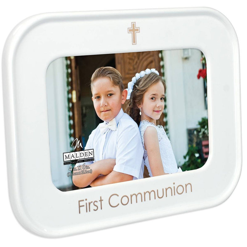 Malden International Designs white ceramic First Communion 4x6 photo frame with engraved cross and First Communion wording
