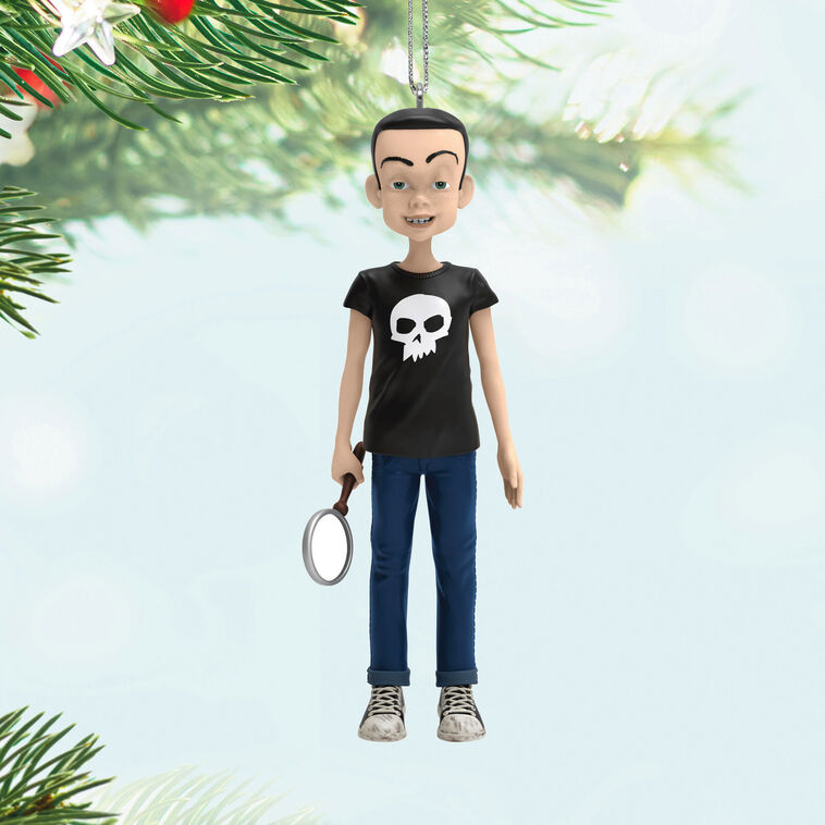 Sid Phillips Toy Story ornament, Hallmark Keepsake 2025, boy with black skull shirt holding magnifying glass, Disney Pixar collectible.