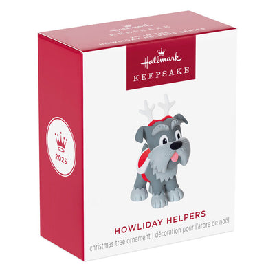 Mini gray schnauzer ornament with reindeer antlers and red blanket, Hallmark Keepsake Howliday Helpers Christmas dog collectible
