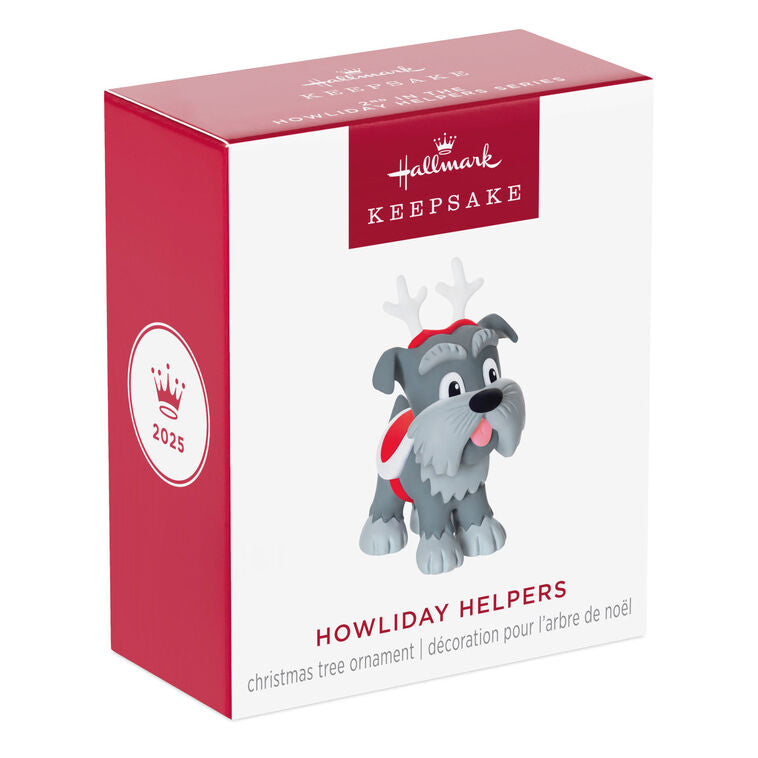 Mini gray schnauzer ornament with reindeer antlers and red blanket, Hallmark Keepsake Howliday Helpers Christmas dog collectible