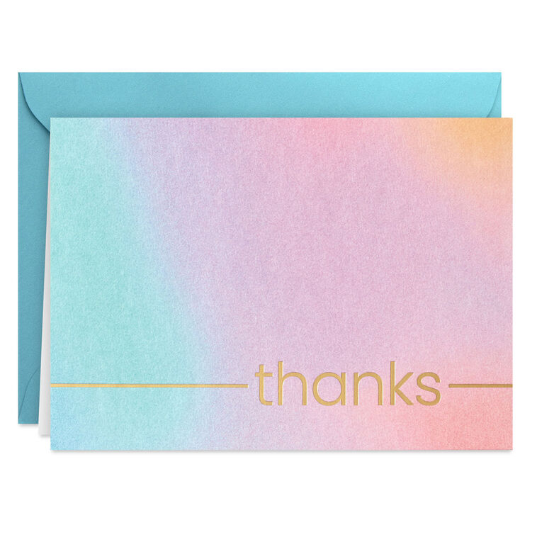Pastel thank you cards with ombré pink to blue gradient and gold foil lettering, includes 10 blank cards and aqua-lined envelopes