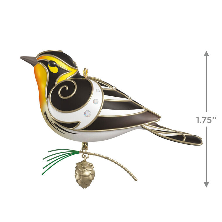 The Beauty of Birds Blackburnian Warbler Christmas tree ornament with black and yellow feathers, metallic silver accents, gem