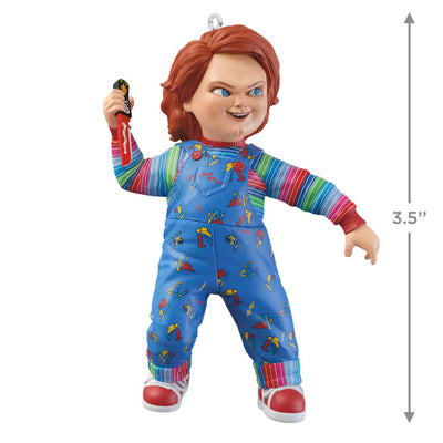 Chucky Christmas ornament inspired by Child’s Play 2, featuring menacing plush Good Guys doll design