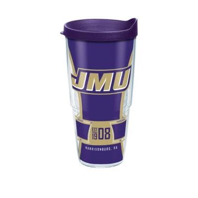 Tervis James Madison University 24oz Spirit Wrap Tumbler with colorful school graphics and removable lid.

