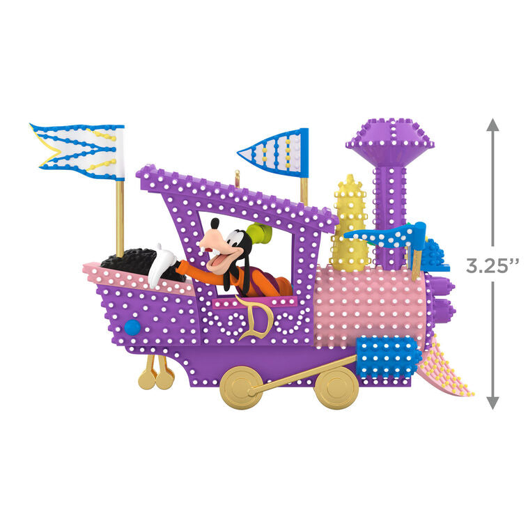 Hallmark Keepsake Disney Electrical Parade ornament featuring Mickey Mouse driving a purple train float with colorful lights and flags.