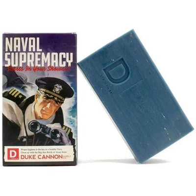 Blue box with white text "NAVAL SUPREMACY" "DUKE CANNON" Big Ass Brick of Soap