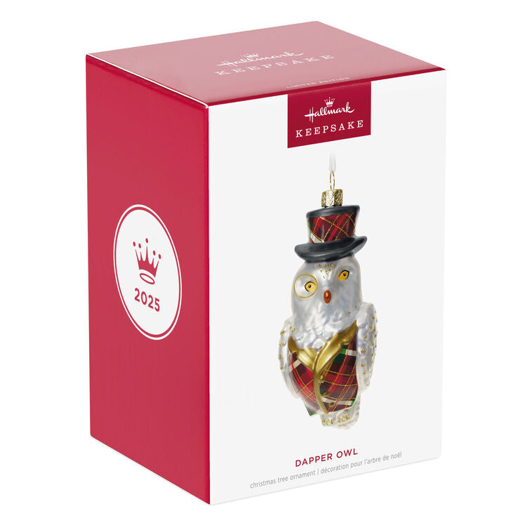 Hallmark Keepsake Dapper Owl glass ornament, owl in plaid vest, top hat, and monocle, with gold glitter accents.
