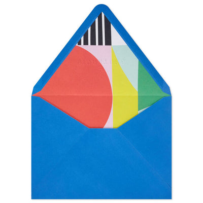 Bold royal blue envelopes with abstract multicolor shapes inside the flap and pointed flap design.
