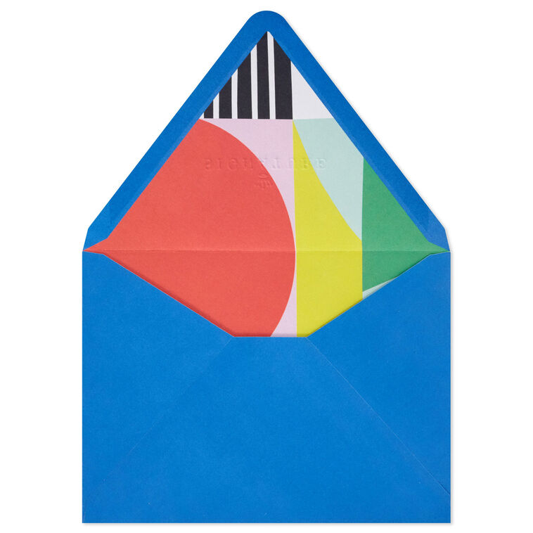 Bold royal blue envelopes with abstract multicolor shapes inside the flap and pointed flap design.
