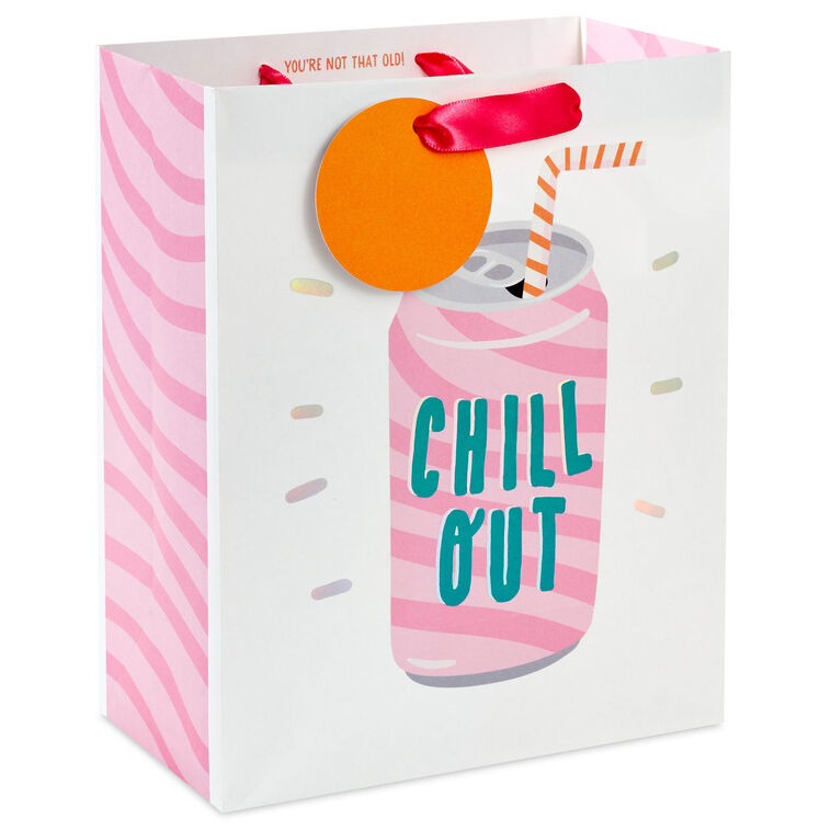 Hallmark gift bag with pink-striped soda can design, green “Chill Out” lettering, bent straw, and die-cut orange tag.