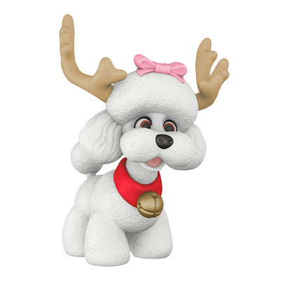 White poodle Christmas ornament wearing reindeer antlers and jingle bell collar, festive holiday decoration

