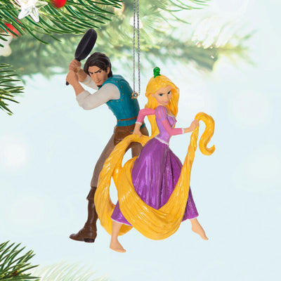 Rapunzel and Flynn Rider ornament from Disney’s Tangled, in action pose with long hair and frying pan